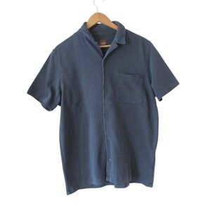 Common People Mens Textured Knit Short Sleeve Button Up Shirt Large Blue Classic